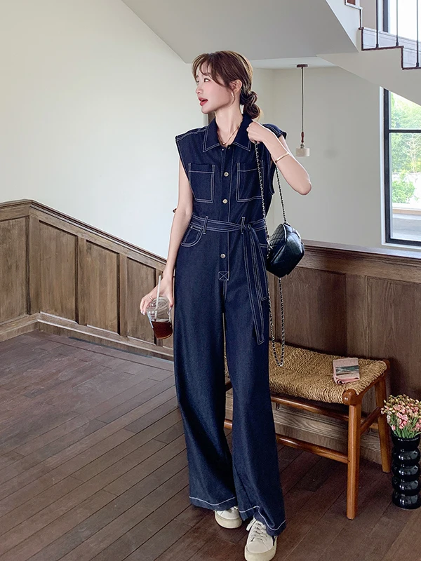 

Синий джинсовый комбинезон женский летний тонкий с высокой талией, стройнящий, с длинными брюками, с воротником-стойкой, повседневный, с широкими штанинами, джинсовый комбинезон с высокой талией