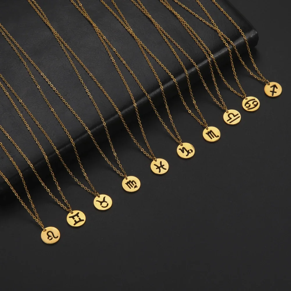 Stainless Steel Gold Color Zodiac Necklace Women Gemini Taurus Libra Virgo Leo 12 Constellation Astrology Star Sign Neck Chain