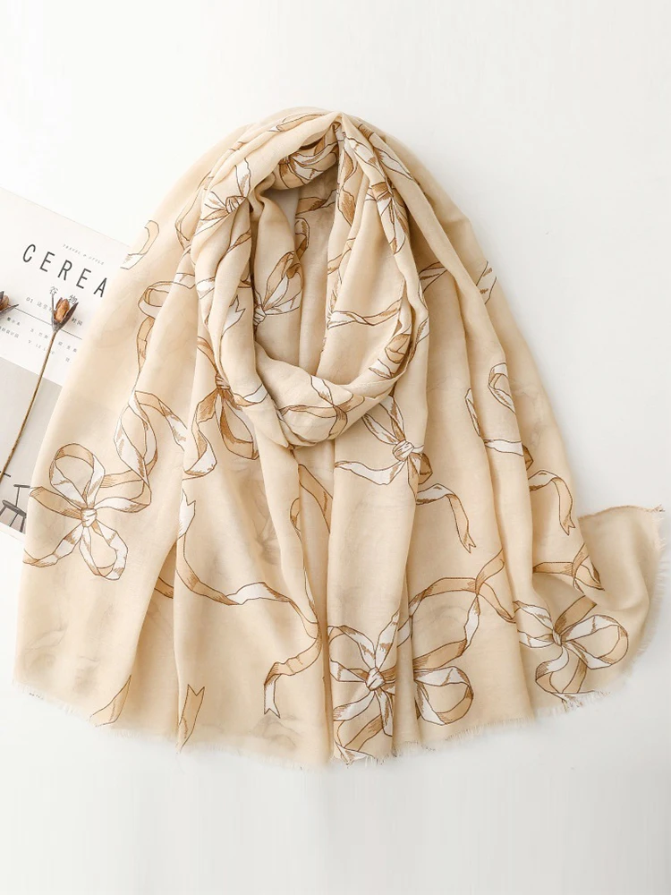 

Elegant Women Cotton Linen Silk Scarf Wrap Shawl Sweet Bow Print Ladies Sunscreen Bandanas Hijab Mujer Scarve Pareo Casual New
