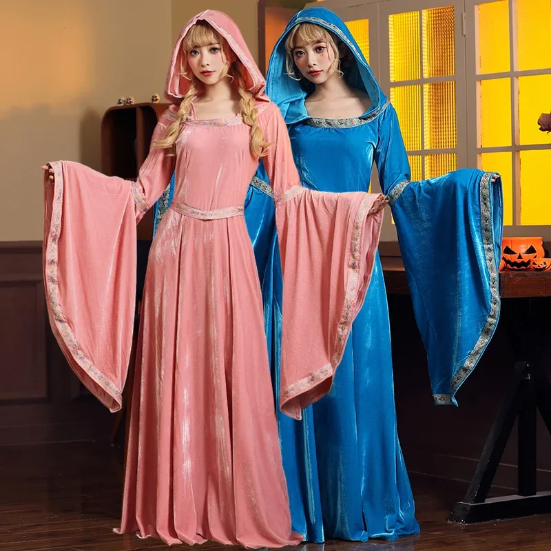 Medieval Women Dress Renaissance Vintage Court Queen Princess Flare Sleeve Hooded Dress Halloween Party Fancy Dress