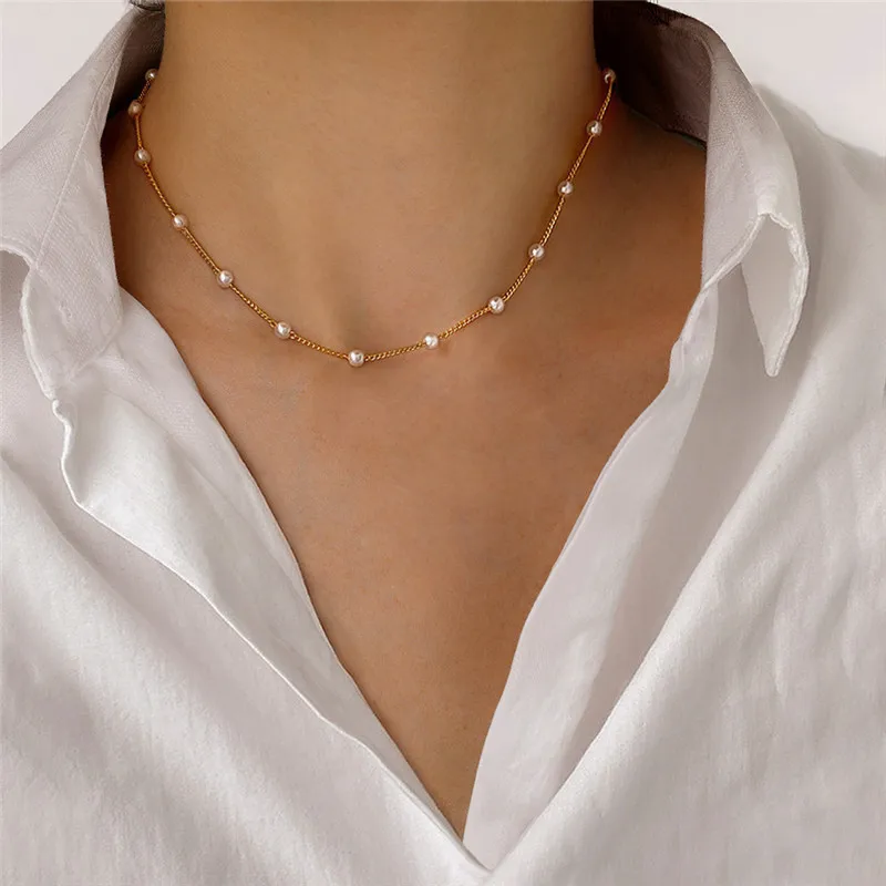 New Beads Women\'s Neck Chain Kpop Pearl Choker Necklace Gold Color Goth Chocker Jewelry On The Neck Pendant 2024 Collar For Girl