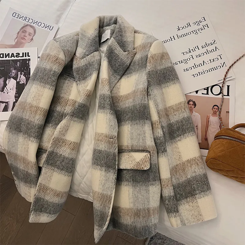 

Temperament Elegant Women's Woolen Jacket 2023 Winter New Retro Loose Paid Coats Korean Female Mid-length Slim Outerwear