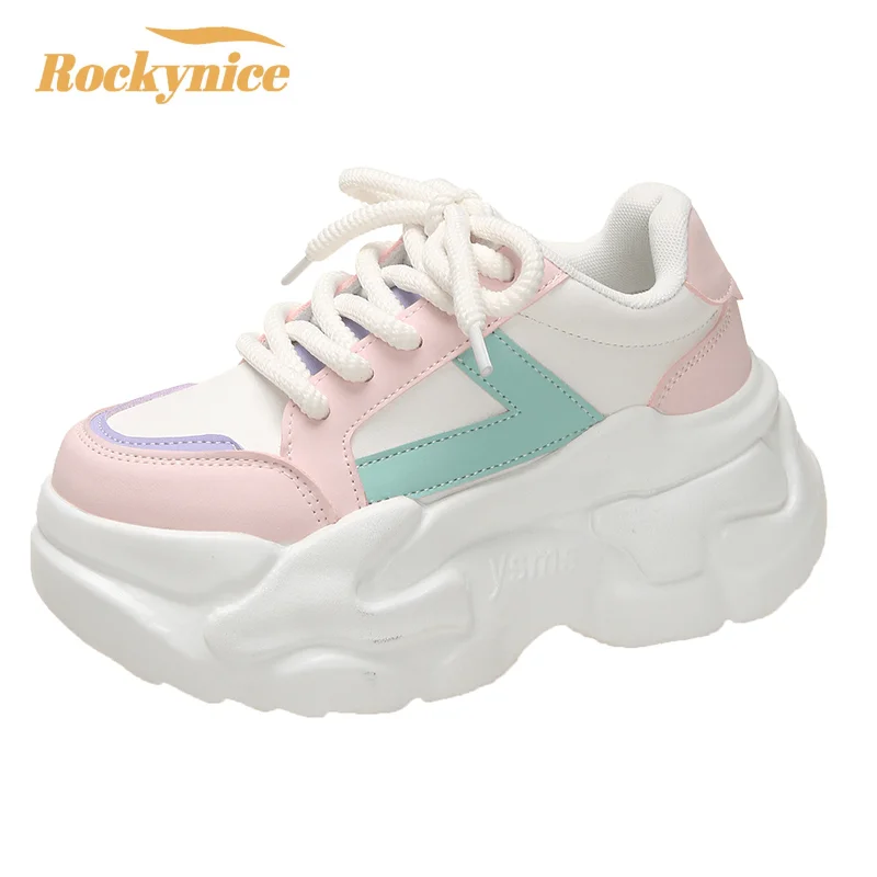 

8.5CM Wedges Leather Sneakers Women New Autumn Fashion Hidden Heels Sports Dad Shoes Thick Sole Spring Platform Chunky Sneakers
