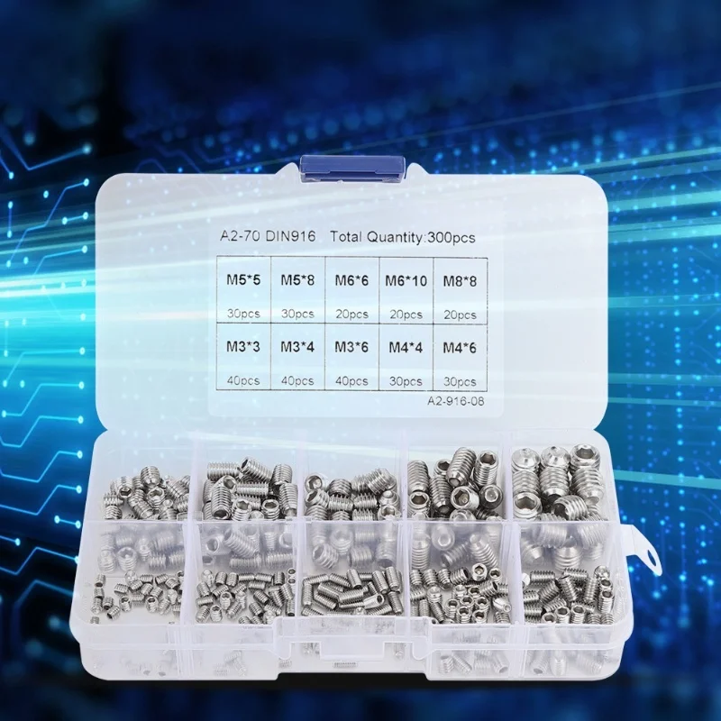 300pcs M3 M4 M5 M6 M8 Set Screw 304 Stainless Steel Hex Socket Screw Combination Set