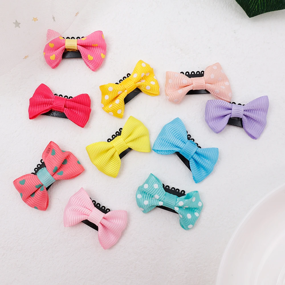 10Pcs Baby Girl\'s Hairgrips Strip Knot Barrettes Solid Dot Pringting Mini Bow Ribbon Hair Clips Hairpins Kids Hair Accessories