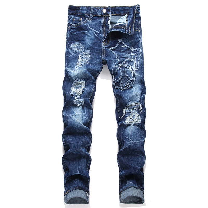 

New Punk Style Blue Jeans Fashion Ripped Alphabet Patch Mid-Waisted Denim Slacks Street Hip Hop Clothing