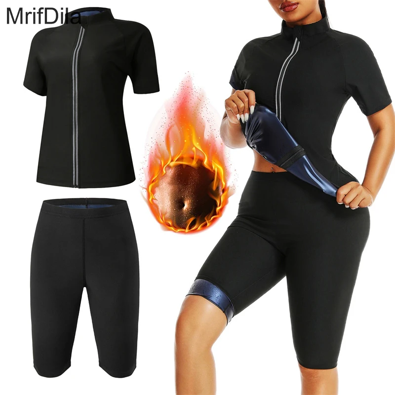 

MrifDila Sauna Long Jacket Shorts Two-piece Set Sweat Heat Trapping Weight Loss Women Slimming Body Shaper Fat Burn Suits Thermo