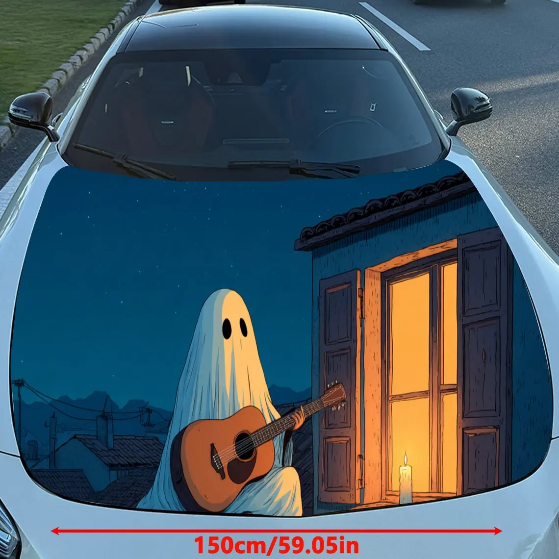 Charming Ghost & Guitar Car Hood Stickers - Self-Adhesive, Waterproof and Durable Vinyl Wrap, Decorate And Protect Your Car, Fit