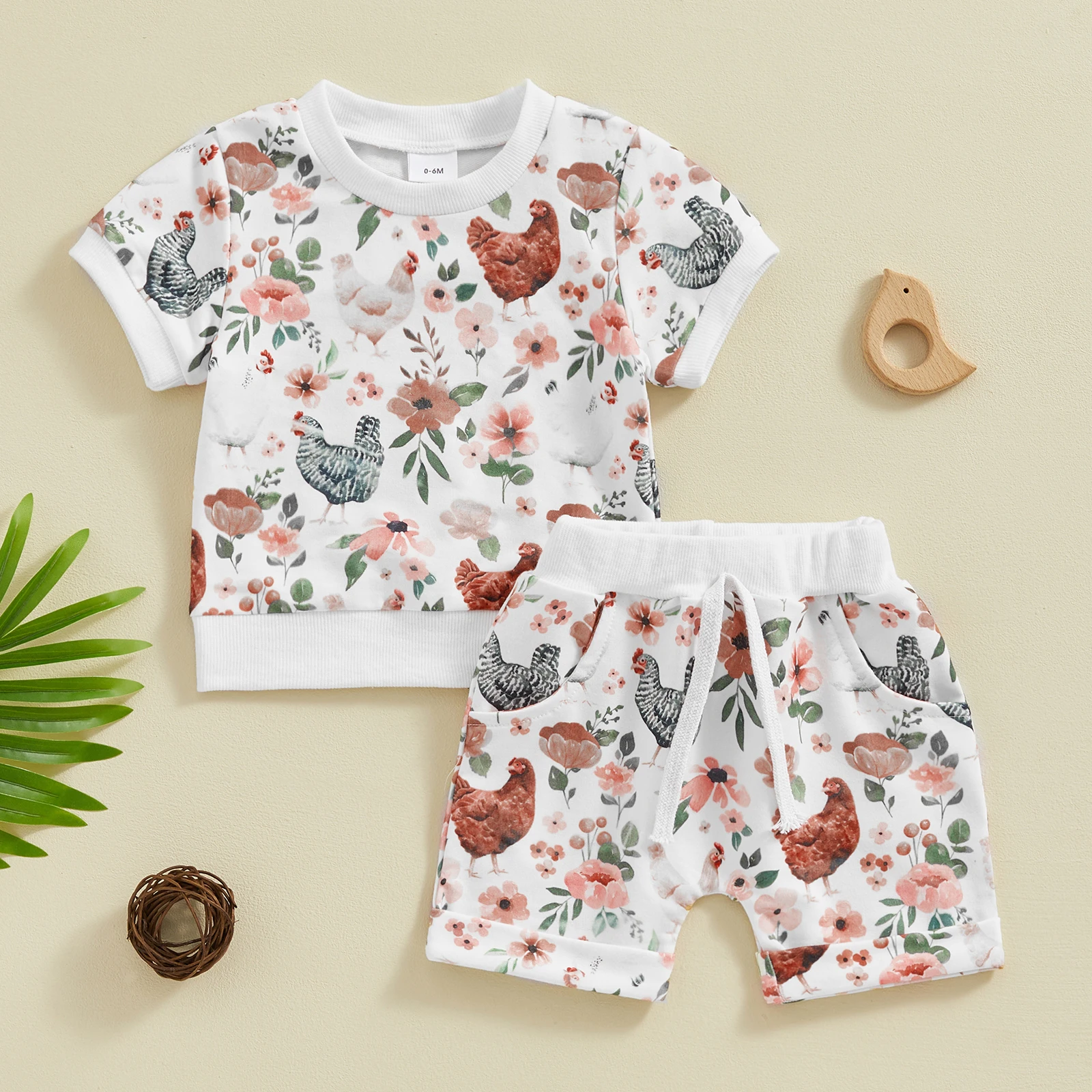 

2024-01-02 Lioraitiin 0-3Y Toddler Baby Girls Summer Shorts Sets Short Sleeve Floral Chick Print Tops Drawstring Shorts Sets