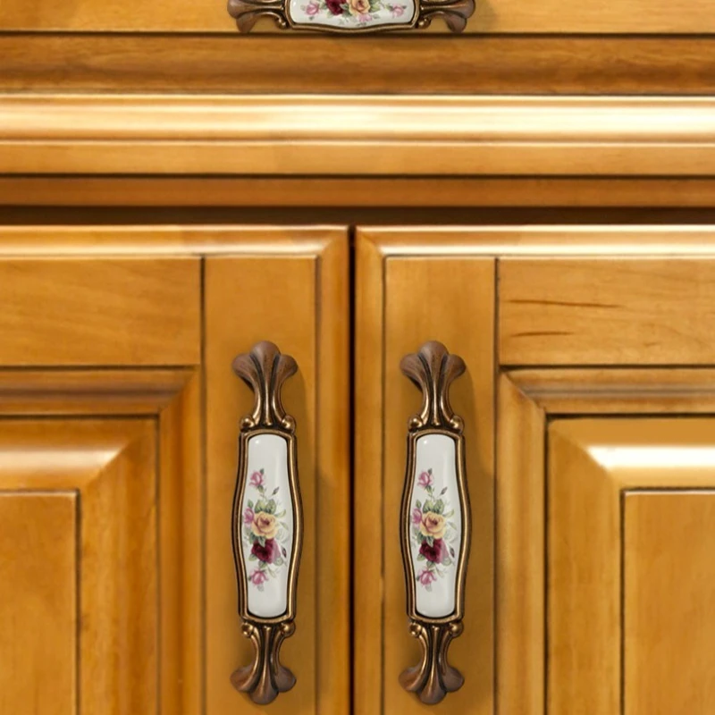 European Countryside Ceramic Cabinet Pulls, Single Hole Large Floral Drawer Handles, Furniture Hardware Accessories