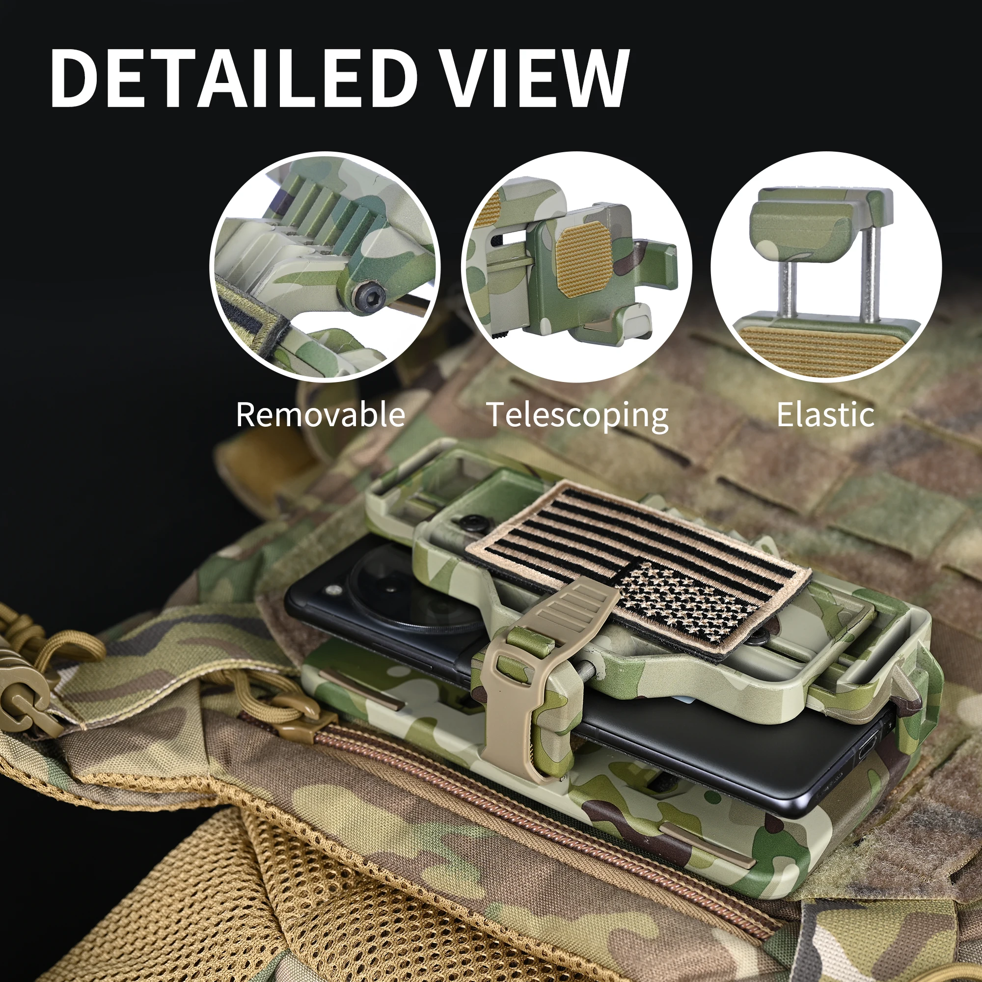 Supporto per telefono tattico Molle di ultima versione per gilet, supporto per supporto da petto per telefono Molle per dimensioni schermo 6,0"-6,7 e 7,7", sgancio rapido