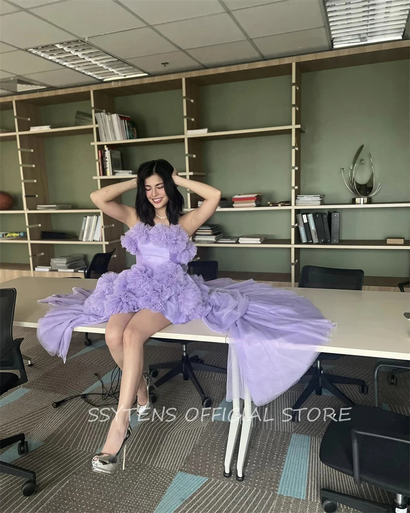 Sexy Purple Party Dresses Short Ball Gowns Pleats Ruffles Strapless Mini Evening Gowns Prom Club Night Special Occasion Dress