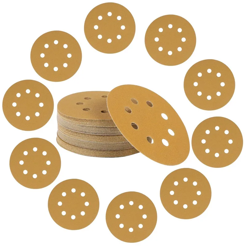 5 Inch Yellow Sanding Discs 8 Holes 125mm Hook And Loop Aluminum Oxide Sandpapers For Polishing Random Orbital Sander