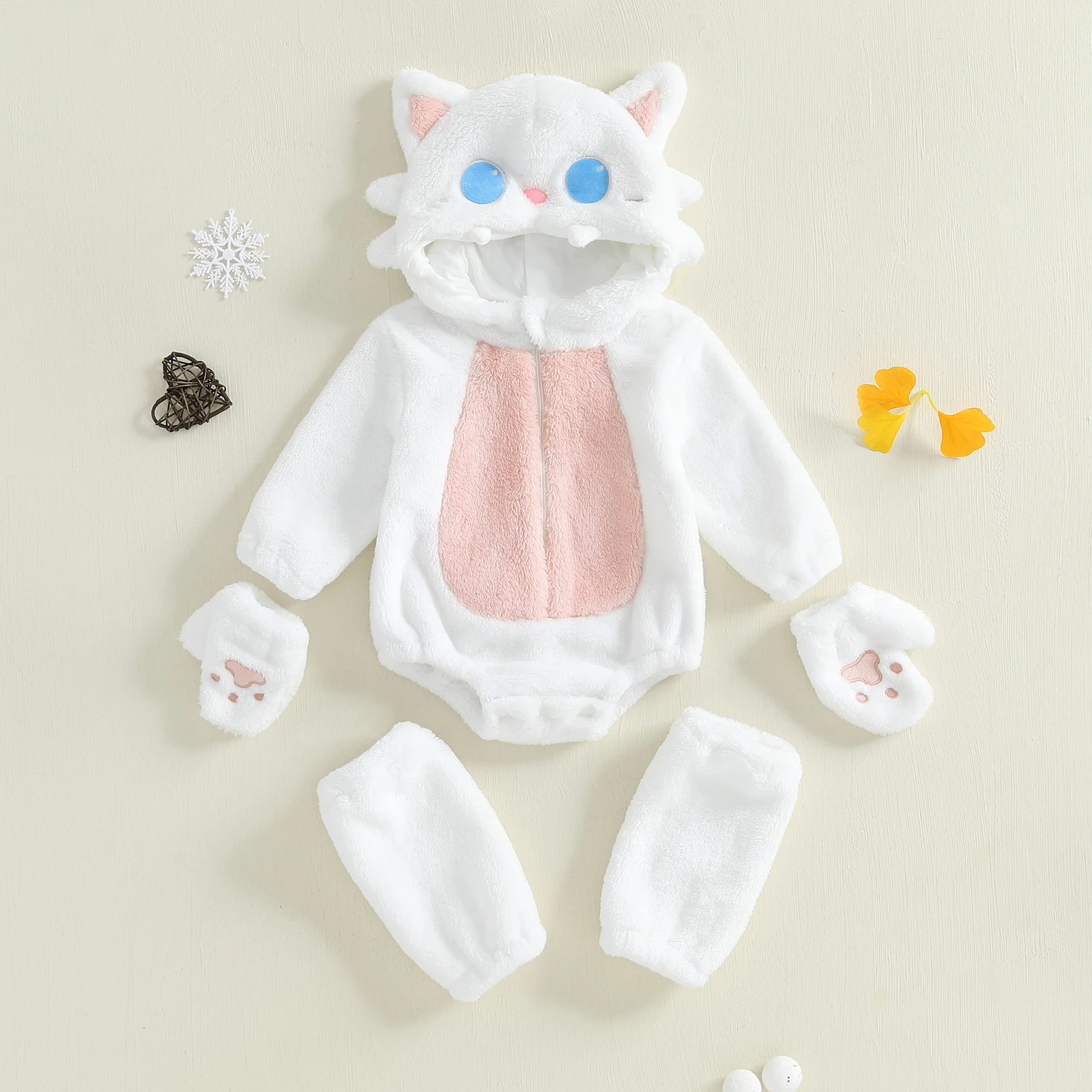 Tregren 3-24M Infant Baby Girl Halloween Cat Costume Plush Long Sleeve Hood Zip Up Romper Gloves Leg Warmer Fall Winter Clothes