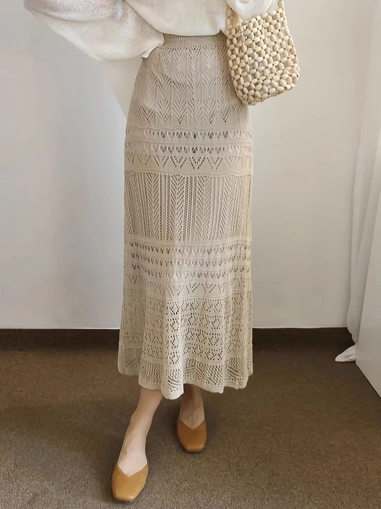 

Chic Lace Hook Flower Mid-Length Knitted A-Line Skirt Holiday Sle Hollow out Design High Waist Commute Korean Sle