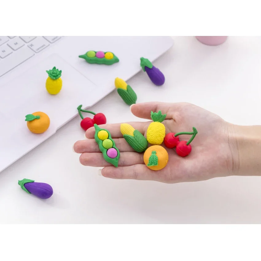 6pcs/lot Fruit And Vegetable Rubber Erasers Lovely Stripe Pencil Eraser For Kids Gift Korean Stationery