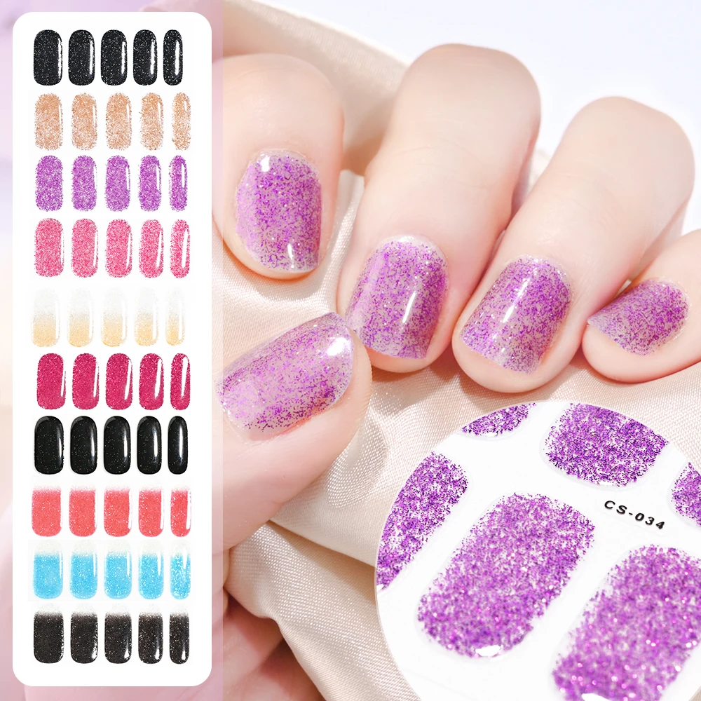 16Tips UV Semi-Cured Gel Nail Art Stickers Glitter High-Gloss Water-Proof Polish Wraps Full Cover Manicure Press On Nails Patch