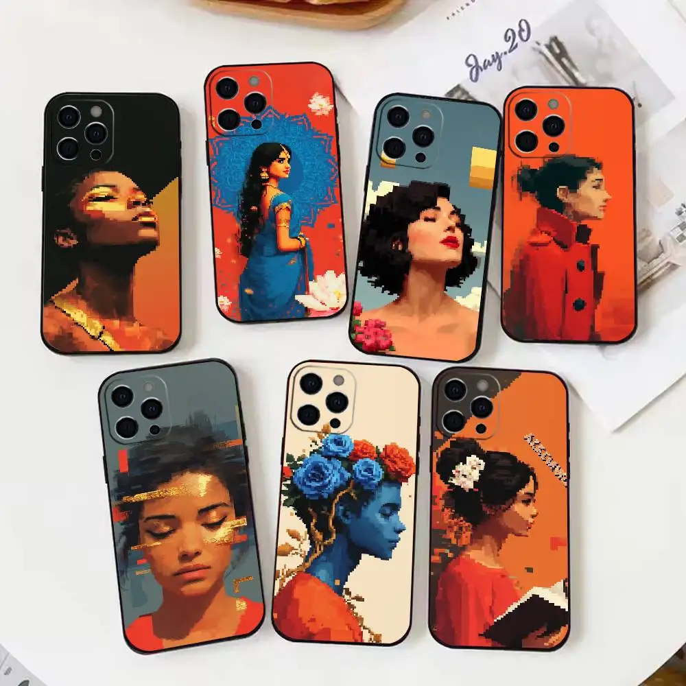 

P-Pixelated Diverse W-Women's Art Phone Case For iPhone 17 16 15 14 13 12 Max Plus Silicone Black Cover