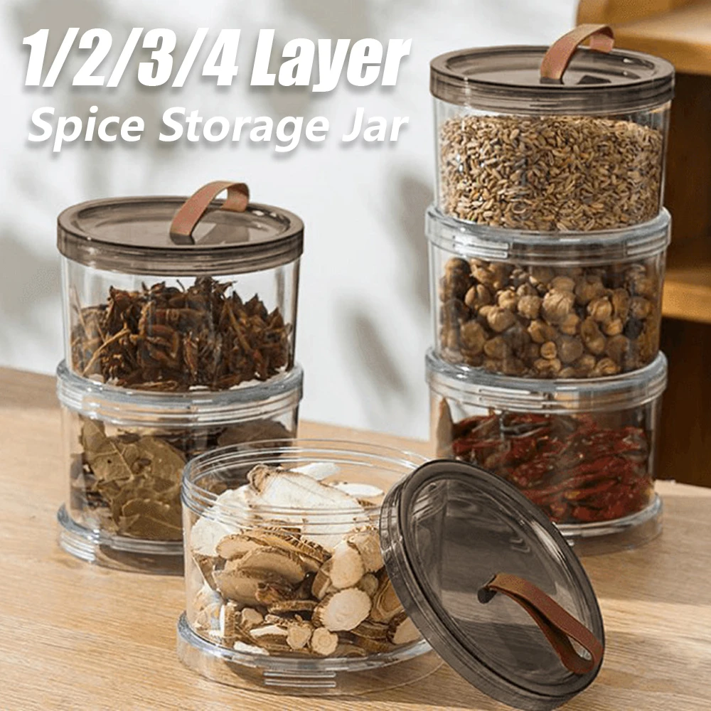 

1/2/3/4Layer Plastic Food Spice Storage Box with Lid Stackable Moistureproof Snack Spice Cereal Jar Kitchen Pantry Organizer Box