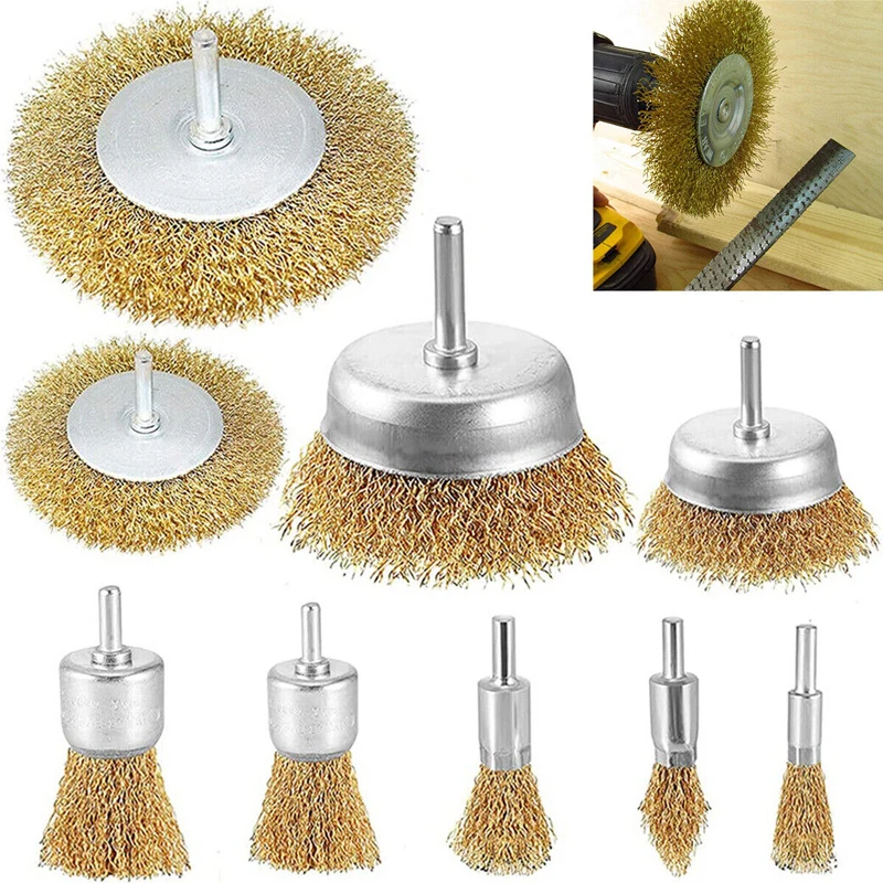 9Pcs Wire Brush Wheel Cup Brush Set Brush Drill Attachment Bit Kit Brass Coated Wire Cleaning Wheel Cup Tools