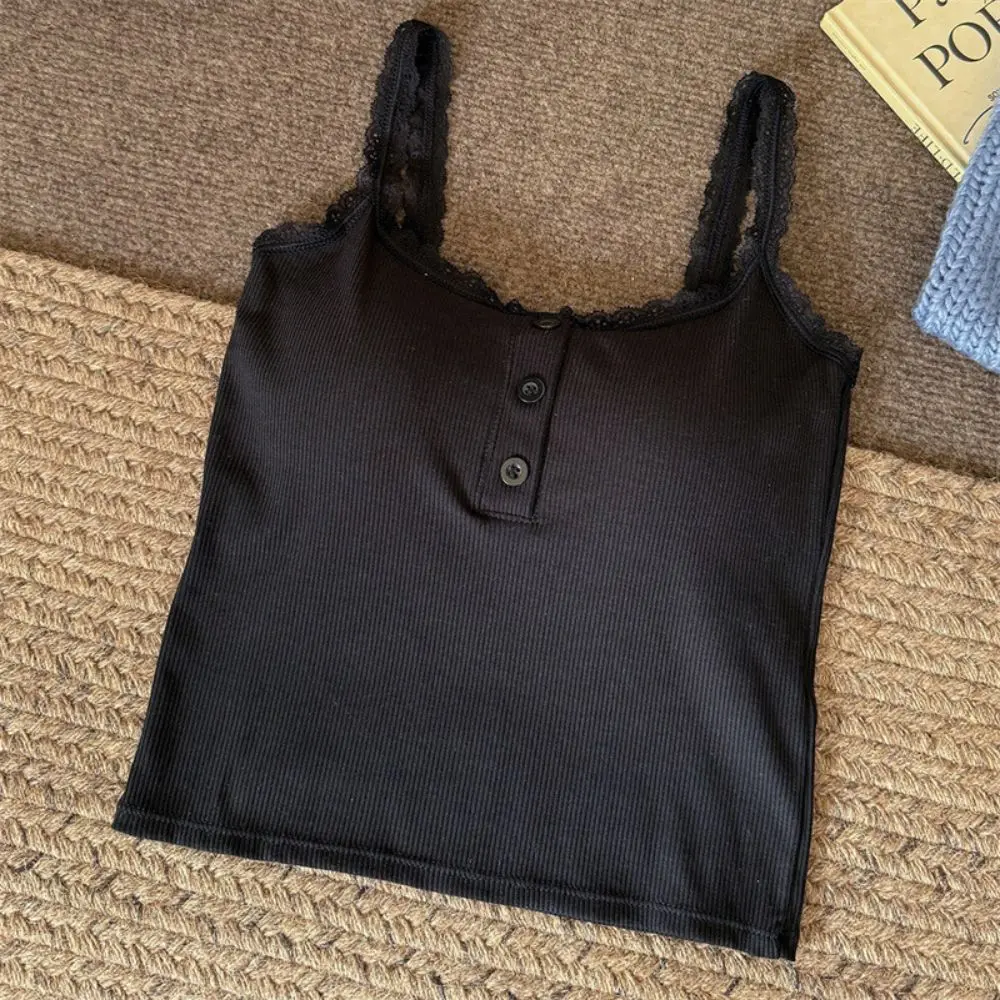 High Quality Cotton Lace Camisole Breathable Solid Color Crop Top with Padding Lace Trim Push Up Bra
