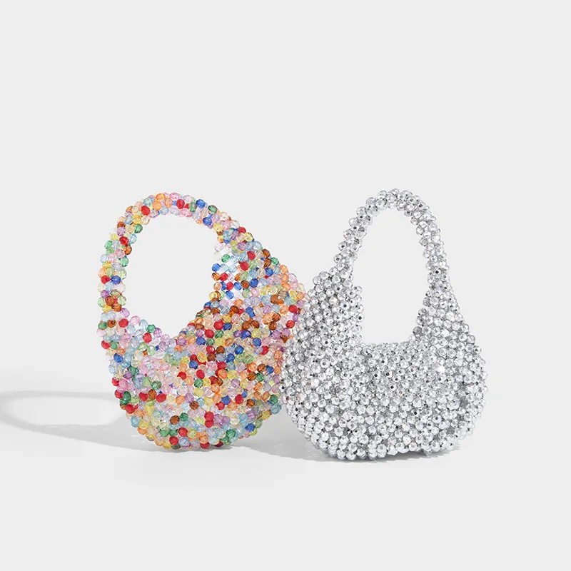 

New Hand-made Beaded Braided Bag Light Luxury Premium Texture Handmade Beaded Mini Bead Bags Sparkling Handheld Banquet Bag