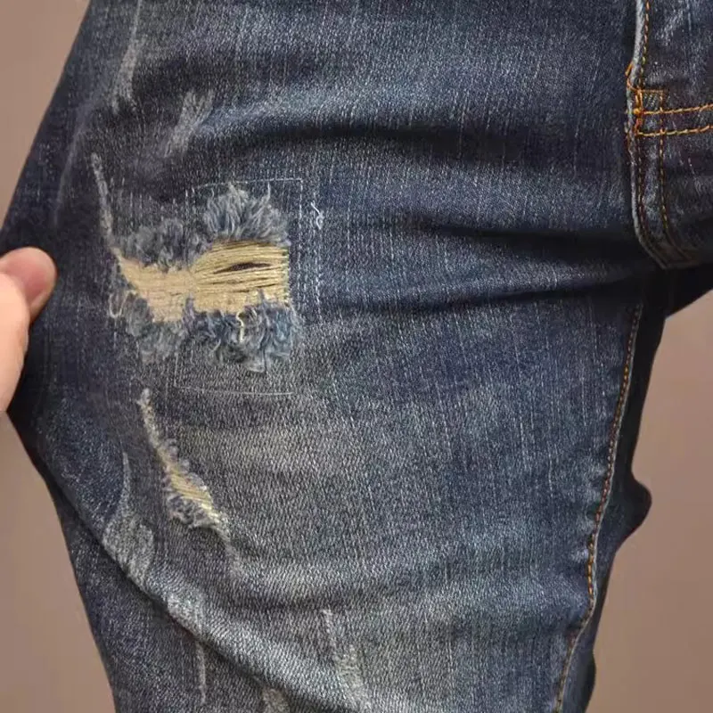 Korean Style Fashion Men Jeans Retro Blue Stretch Slim Fit Ripped Jeans Men Streetwear Vintage Designer Casual Denim Pants