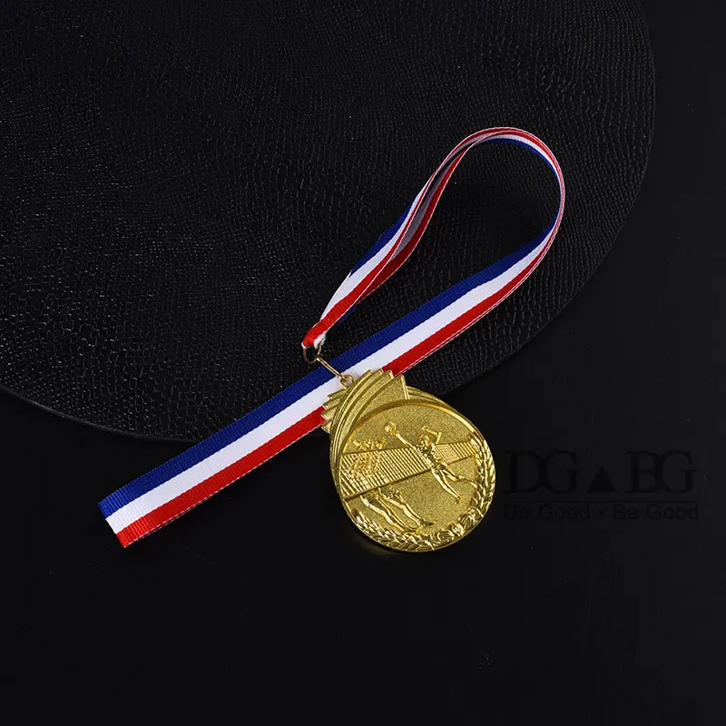 Gold Silver Bronze Medals 1St 2Nd 3Rd Volleyball Sports Trophy Award Bright Antique Attached Red White Blue Ribbon Souvenir Gift