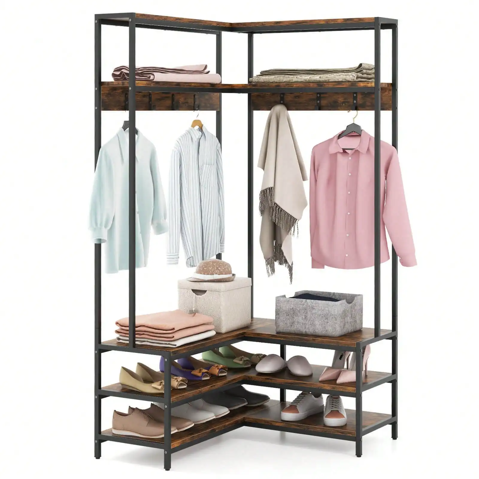 

Corner Garment Rack W/ Open Shelves & 7 Hooks Shoe Bench Solid Metal Frame