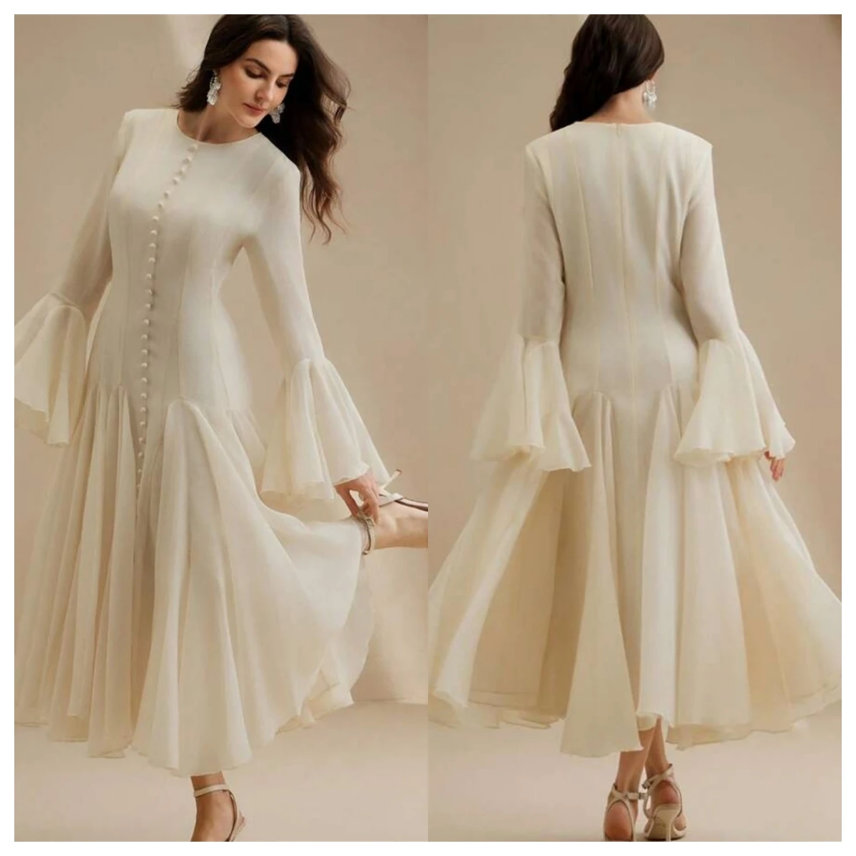 

Customized Fashion White Chiffon Evening Dress O-Neck Long Sleeves Special Occasion Gowns Celebrity Gowns Zipper Back Soft