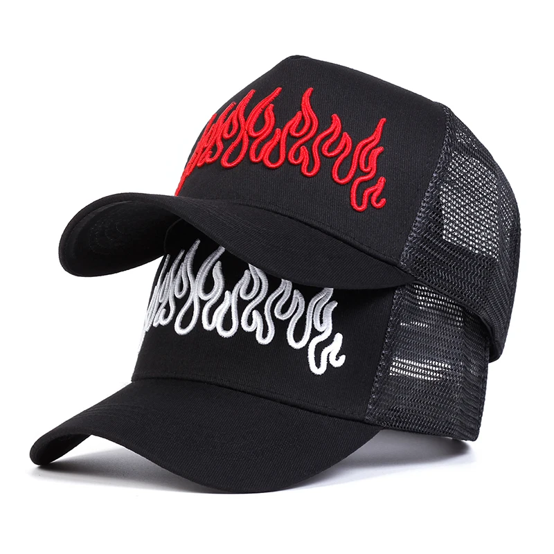 Unisex Flame Embroidery Baseball Net Caps Spring and Summer Outdoor Adjustable Casual Hats Sunscreen Hat