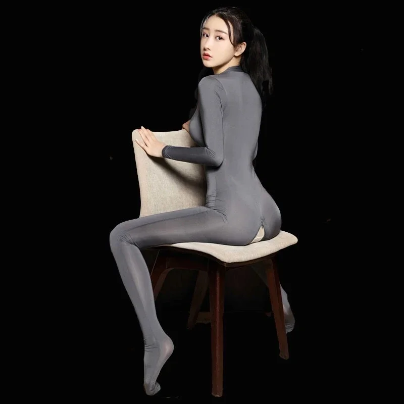 Three-Colour Long Sleeve Zipper Open Chest Bodysuit Women Body Sukumizu Lingerie Tight Open Crotch Jumpsuit Catsuit Bodystocking