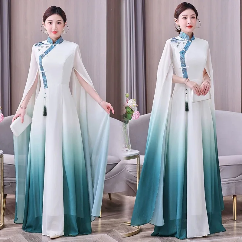 

Summer Women Vintage Aodai Cheongsam Oriental Embroidery Evening Party Dress Stage Performance Dance Vietnam Costumes