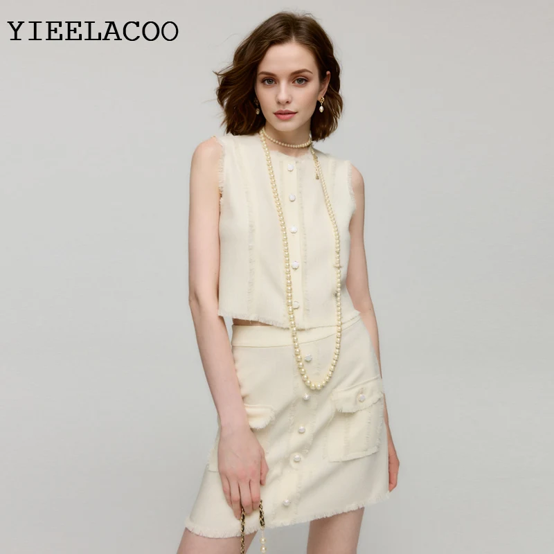 

Beige Women's Set sleeveless Professional New Spring/Autumn Ladies Classic Tweed Vest + Skirt Suit fashion 2-Piece Set