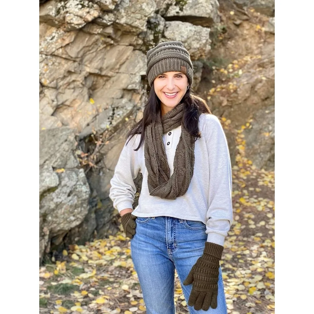 طقم قبعة ووشاح وقفازات شتوية متطابقة للنساء - قبعة صغيرة مضلعة، لفافة إنفينيتي، وقفازات مريحة للأيام الباردة #3