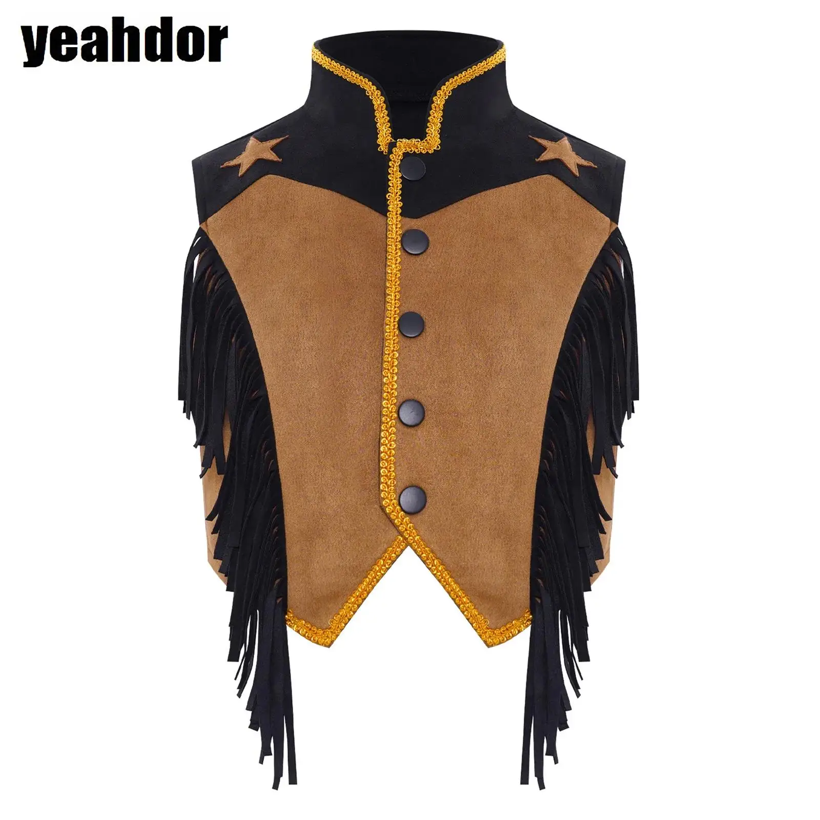 

Girls Western Cowgirl Costumes Waistcoat Fringed Gold Trim Cosplay Vest Top Halloween Celebrations Carnival Fancy Party Dress Up