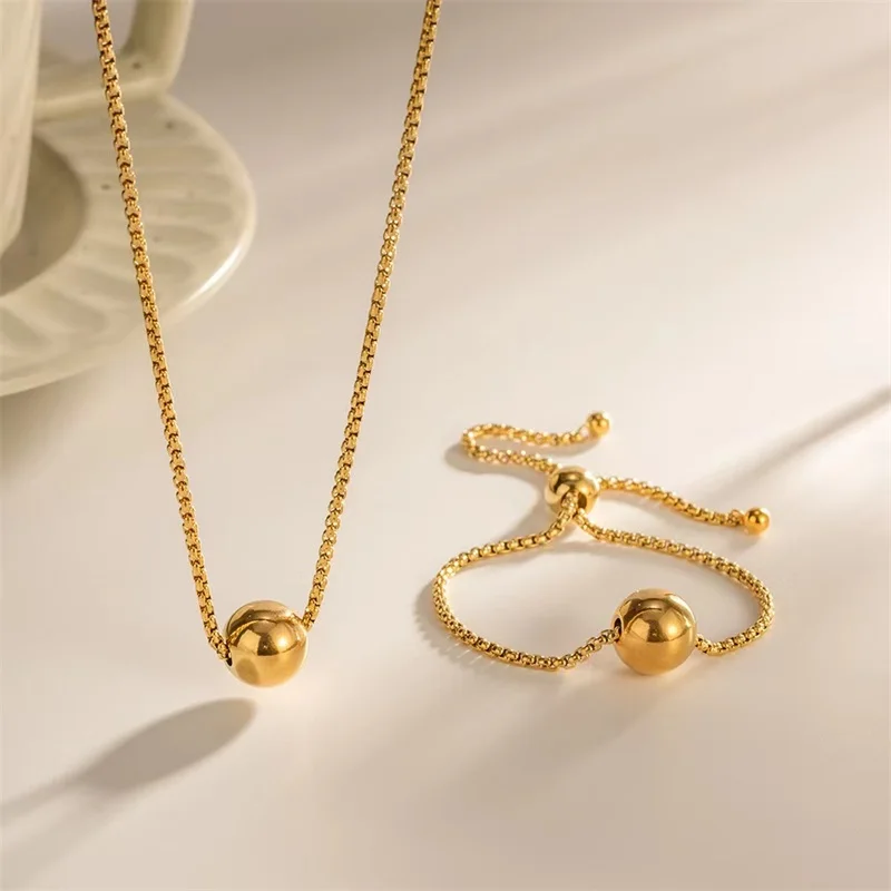 GANPUP 316L Edelstahl Gold Farbe Perle Kugel Halskette Armband Set für Frauen Metall Textur Wasserdicht Schmuck Urlaub Geschenk – Detail 6