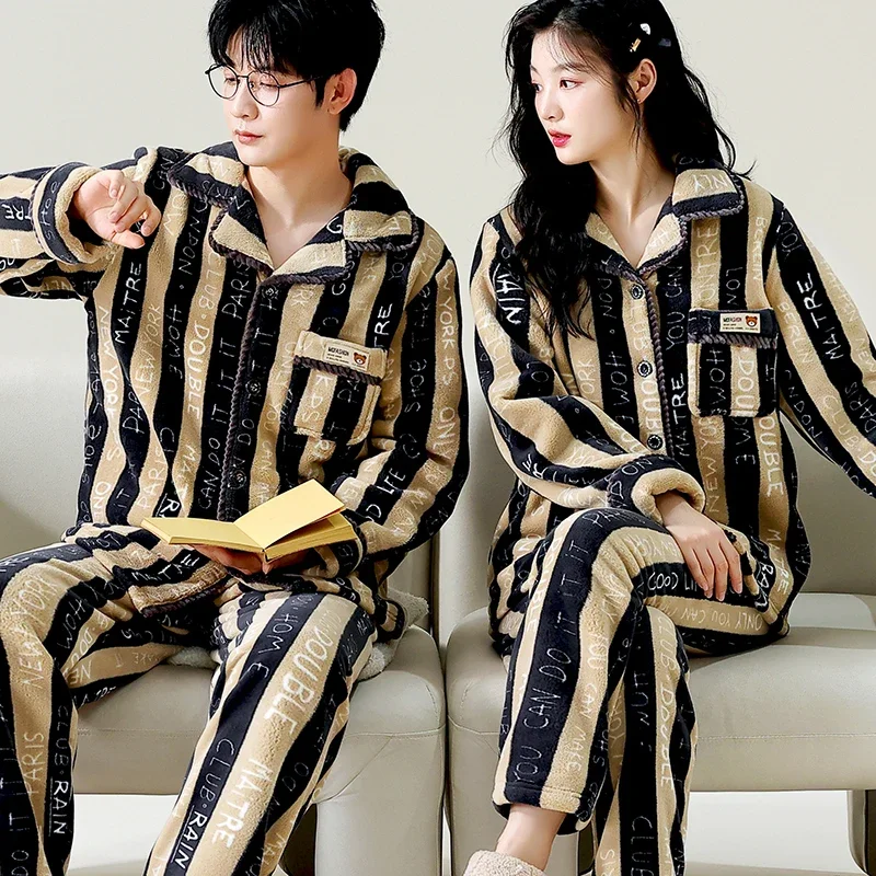 Korean Matching Couple Pajamas Sets for Woman Winter Thicken Warm Flannel Pyjama Women 2 Piece Set Outfit Casual Home Clothes