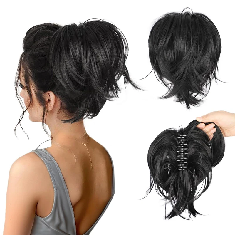 Claw Clip in Straight Hair Bun 9 Inch Short Ponytail Extension with Bendable Metal Wire Hair Pieces for Women Fake Pony DIY Styl