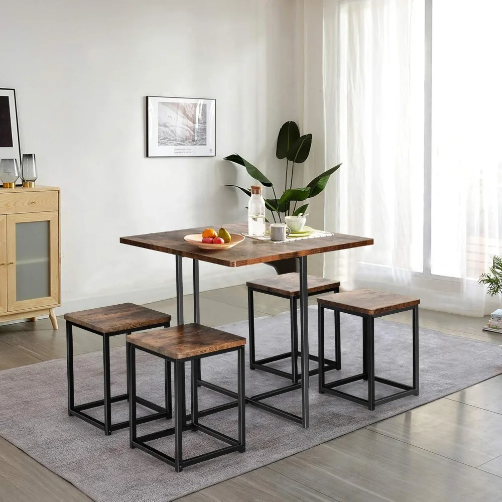 

5 Piece Dining Table Set, Dining Set for 4 with Square Stools, Small Kitchen Table Set with Metal Frame, Compact Design