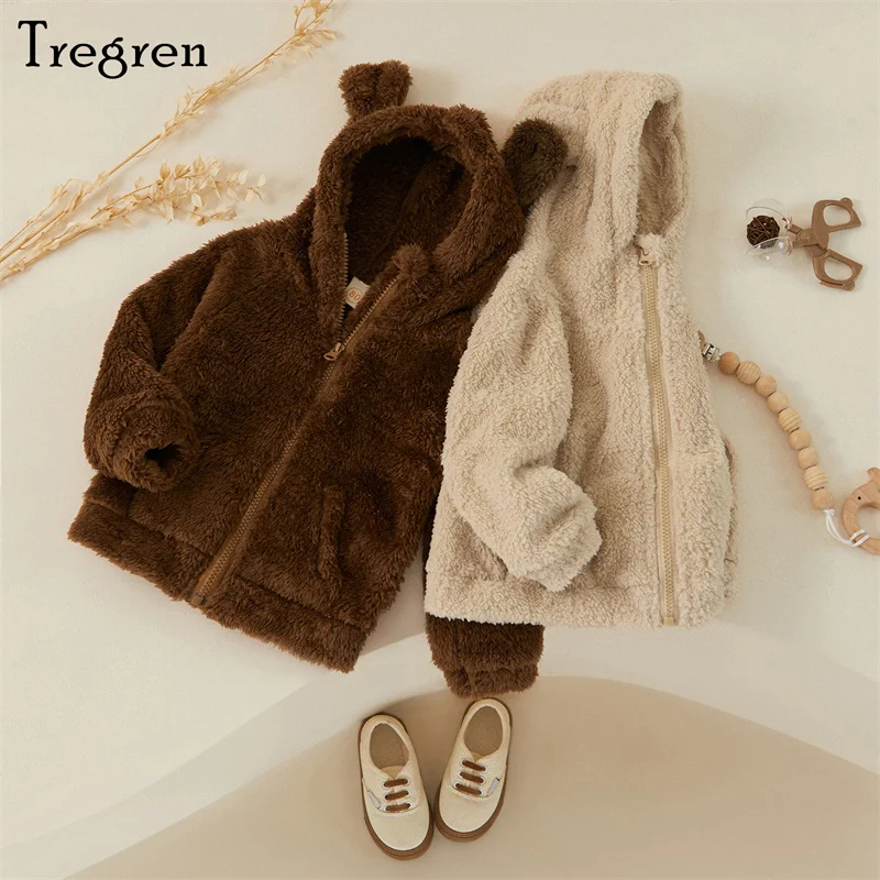 Tregren Toddler Boys Girls Winter Plush Coat Kids Long Sleeve Zipper Closure Cartoon Hooded Jackets Fall Children Clothes