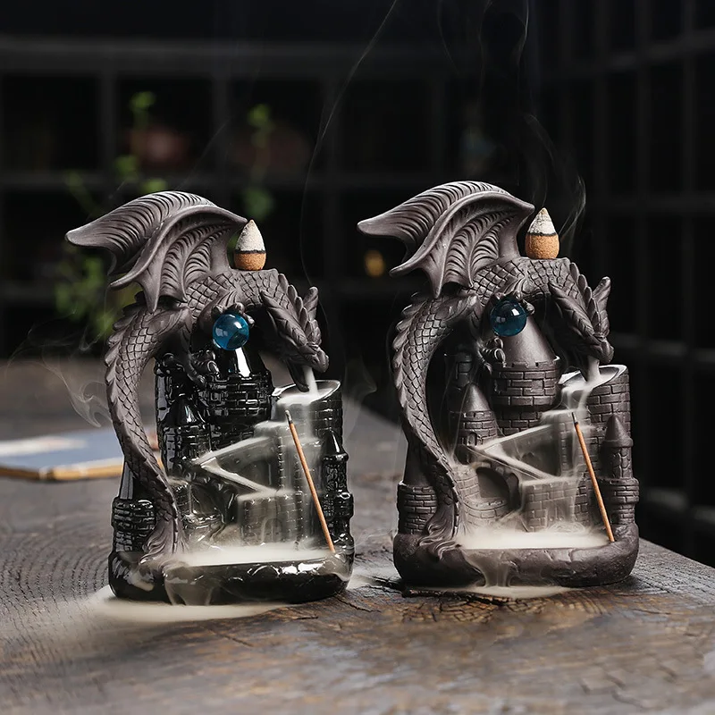 Zisha Pterosaur Backflow Incense Burner – Handmade Castle-Wing Dragon Design, Purple-Sand Ceramic Waterfall Smoke
