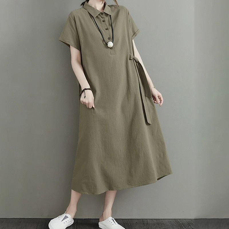 Puloru Summer Cotton Linen Loose Vacation Dress Women Short Sleeve Lapel Button Solid Color Long Dress Plus Size Straight Dress