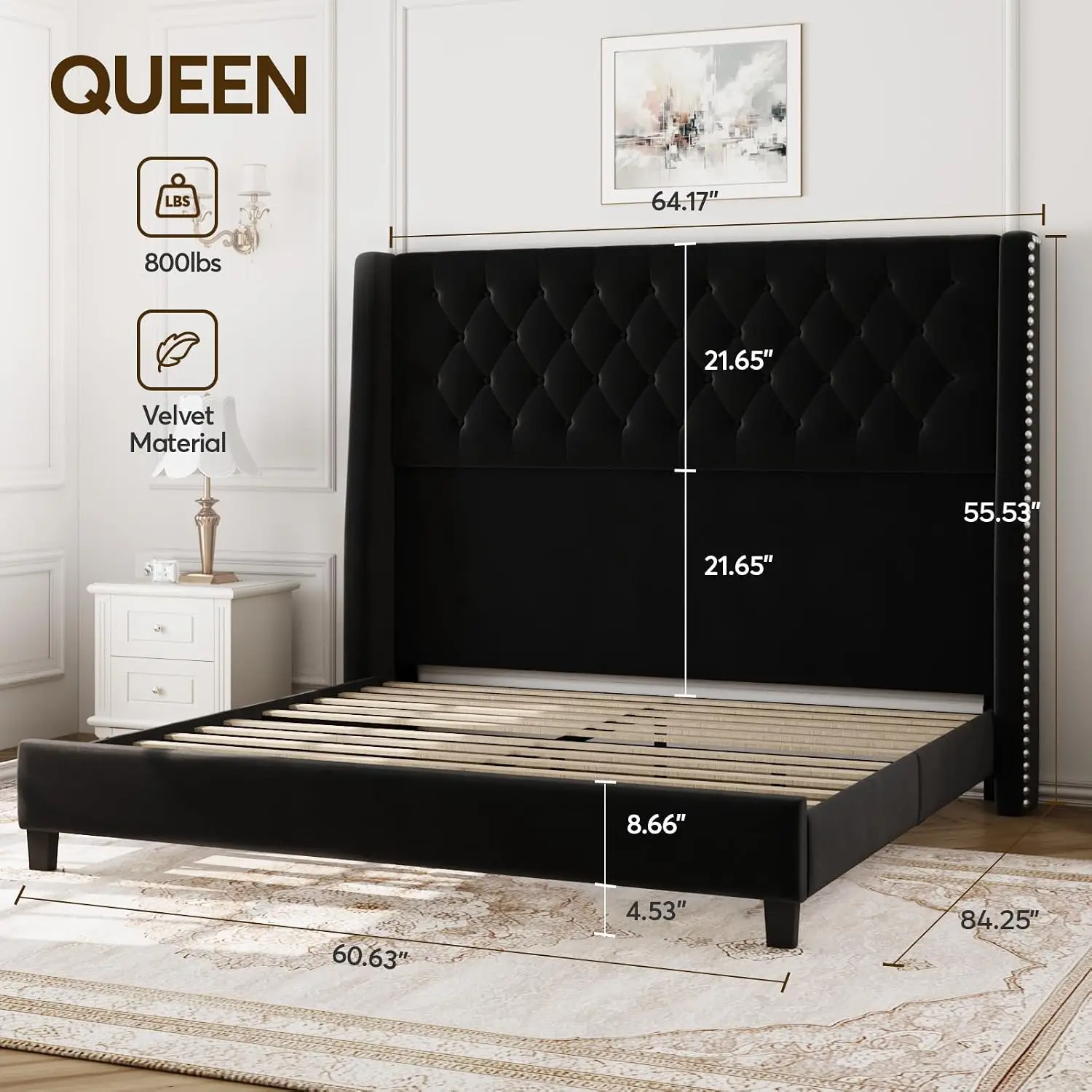 Queen Upholstered Bed Frame, 55.4'' Tall Headboard with Wingback | Upholstered Bed Frames Button Tufted 55.4'' Tall, Customized