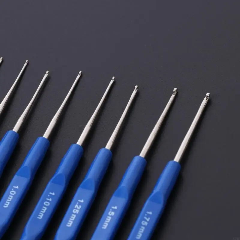 55KF 8pcs Metal Knitting Needles Crochet Hooks Kits With Ergonomic Grips 0.6-1.75mm