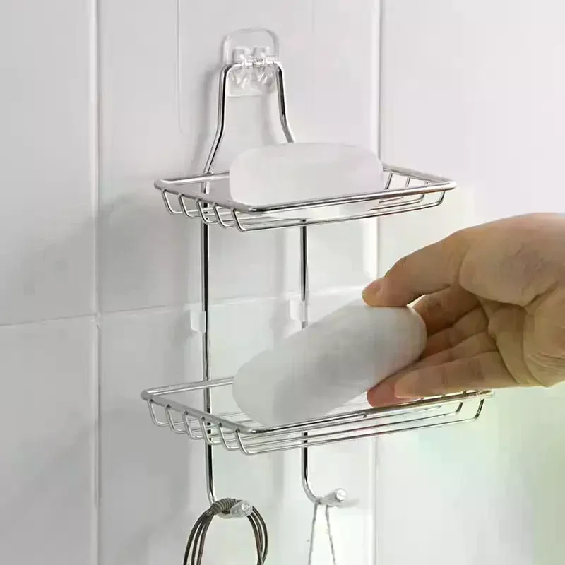 1 Pc Stainless Steel Double Tier Draining Soap Dish No Drill Wall Mounted Rack for Bathroom Kitchen Shower Storage Organizer