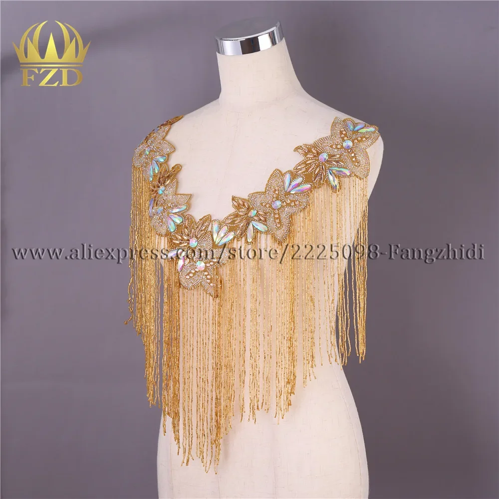 FZD 1 Piece Tassel Gold Bead clothing Beads Fringe Rhinestone Applique Patches with Gauze for Wedding Dress stickers for clothes