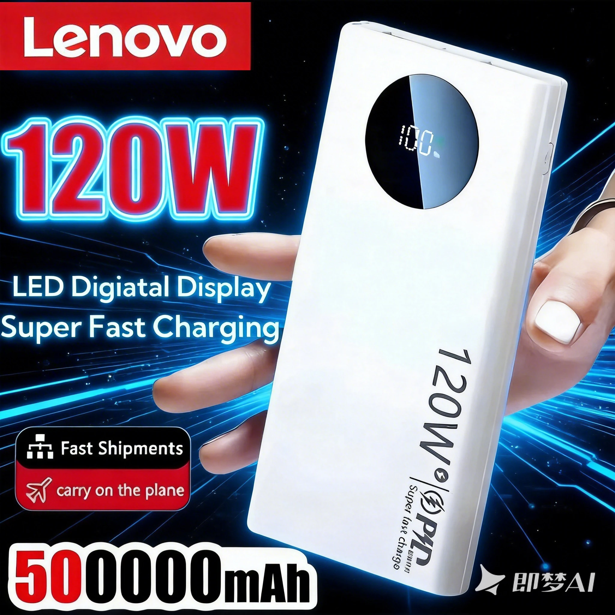 

Портативное зарядное устройство Lenovo 500000 мАч, 120 Вт, быстрая зарядка, портативное зарядное устройство высокой емкости, мобильное зарядное устройство для iPhone, Samsung, Huawei