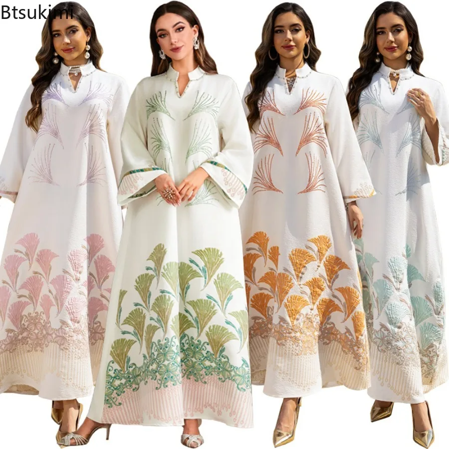 

Мусульманская модная абайя для женщин: элегантное жаккардовое платье макси с бриллиантовым узором, дубайский кафтан, джалабия, ближневосточное платье, вечерний наряд, женский халат