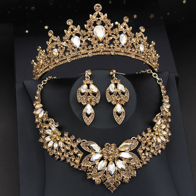 Elegant Champagne Crystal Bridal Jewelry sets and Wedding Crown Tiaras Bride Necklace Earring Dubai Jewelry set Accessories